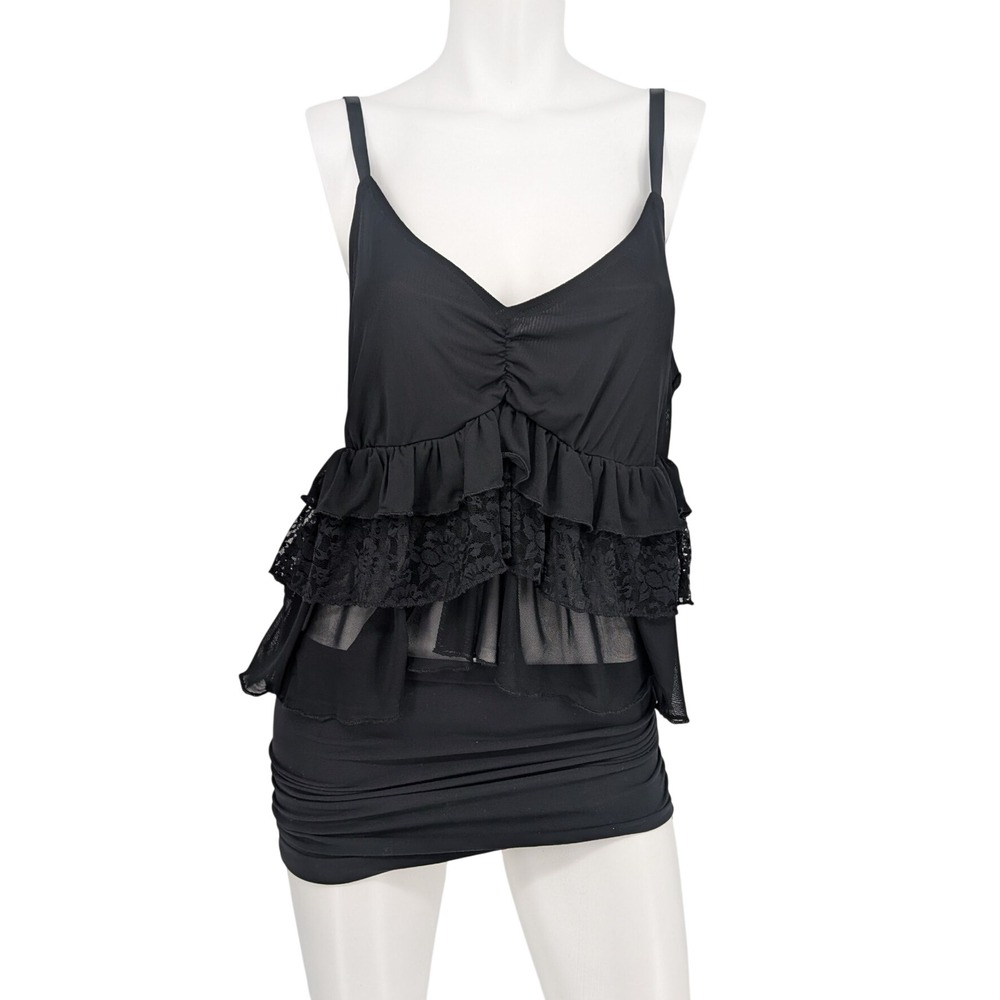 Cosmic Aura Black Lace Ruffle Cami Top Babydoll Sheer Goth Whimsigoth Plus 1X